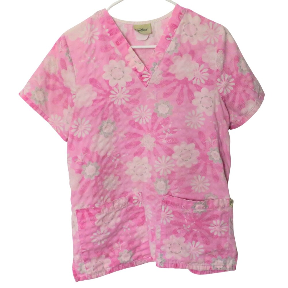 Tafford Scrub Top Women Pink Small Floral Pattern Large Pockets Comfortable Fit
